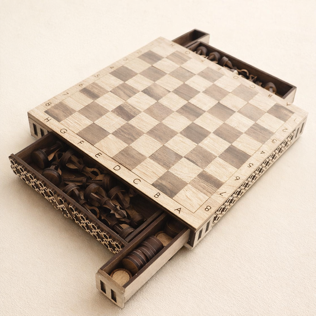 Tablero de Ajedrez y Damas de Madera con Cajones